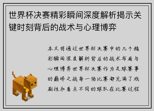 世界杯决赛精彩瞬间深度解析揭示关键时刻背后的战术与心理博弈